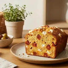 Un délicieux cake chorizo et chèvre, parsemé de morceaux de fromage blanc et de chorizo, prêt à être dégusté avec des olives.