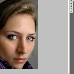 Portret kobiety z makijażem oczu, obok panel warstw w programie Photoshop. To może być część photoshop samouczek po polsku.