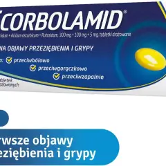 Opakowanie leku Scorbolamid na pierwsze objawy przeziębienia i grypy. Działa przeciwbólowo, przeciwgorączkowo i przeciwzapalnie.