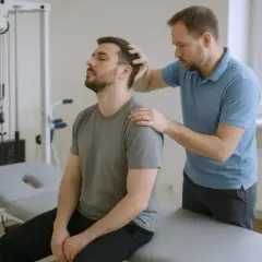 Fizjoterapeuta wykonuje masaż karku pacjentowi siedzącemu na kozetce.