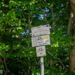 Znaki szlaku rowerowego wskazują trasę 003 do Starego Bielska, 17 km. W tle zielone drzewa.