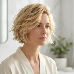 Kvinna med blont, texturerat kort hår som ser ut att vara stylat för en avslappnad men chic look.