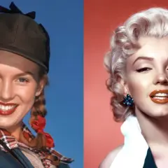 Marilyn Monroe ung med flätor och keps, bredvid en mer glamorös Marilyn Monroe med lockigt hår och stora örhängen.