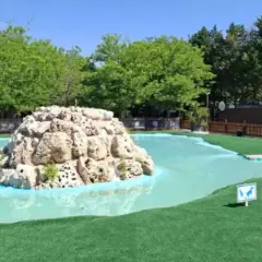 Un aquapark canino con perros al agua, listo para la diversión. Un estanque artificial con rocas y césped artificial para que los perros disfruten.