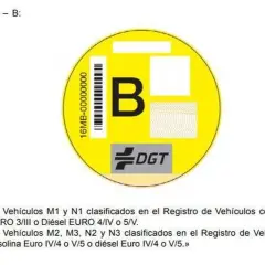 Pegatina DGT con letra B, para vehículos diésel EURO 4/IV o 5/V.