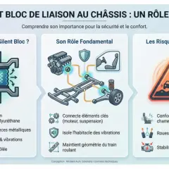 Le silentbloc de liaison au châssis, en caoutchouc, absorbe chocs et vibrations pour le confort et la sécurité. Il maintient la géométrie du train roulant.