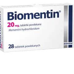 Opakowanie leku Biomentin 20 mg, zawierające 28 tabletek powlekanych z memantyny chlorowodorkiem.