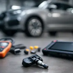 Outil de diagnostic pour réinitialiser pression pneu Clio 4. Capteur TPMS et appareil de programmation sur fond de voiture.