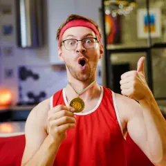 Zaskoczony biegacz z medalem i kciukiem w górę. Jego półmaraton czas amatora okazał się sukcesem!