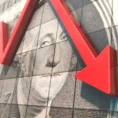 Roter Pfeil zeigt nach unten über ein US-Dollar-Schein, der den MSCI USA repräsentiert.