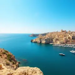 Malta w październiku: słoneczna pogoda, błękitne morze i zabytkowe miasto nad zatoką pełną jachtów.