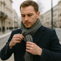 Mężczyzna w granatowym płaszczu poprawia szary szalik. Pokazujemy, jak wiązać męski szalik, by wyglądać stylowo.
