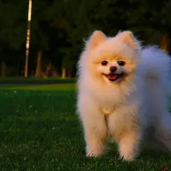 Uroczy pomeranian, rasa psa znana z puszystej sierści, radośnie pozuje na trawie w parku.