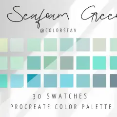 A Procreate color palette featuring 30 swatches in a seafoam color palette, ranging from pale yellow-greens to deep blues.