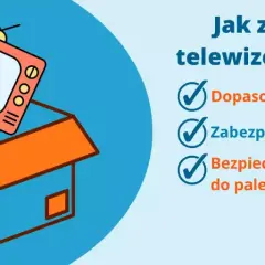 Jak wysłać telewizor kurierem? Ilustracja pokazuje telewizor w kartonie, z zaznaczonymi punktami: dopasowany karton, zabezpieczenie kabli, bezpieczne zamocowanie do palety.