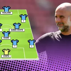 Pep Guardiola analizujący skład Manchesteru City z Haalandem i Rodrim.