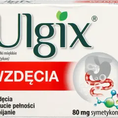 Opakowanie leku Ulgix na wzdęcia, z grafiką układu pokarmowego i molekułą symetykonu.
