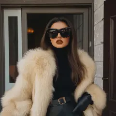 En kvinna med en lyxig pälsjacka och solglasögon, redo att möta dagen med en klassisk mob wife look.
