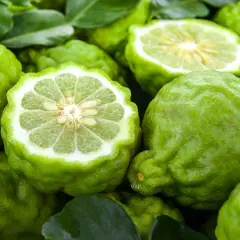 Bergamotas verdes, algunas enteras y otras cortadas por la mitad, revelan su pulpa jugosa y semillas.