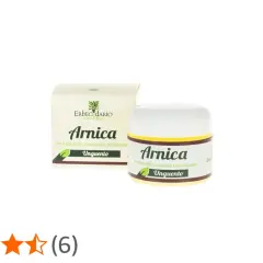 Unguento all'arnica, ideale per i benefici su botte e contusioni. Confezione e vasetto mostrati.