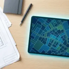 Na tablecie mapa działek, obok plany architektoniczne i przybory. Takie narzędzia pomagają sprawdzić kto jest właścicielem działki.