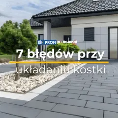 Nowoczesny dom z podjazdem z kostki brukowej. Tekst: "7 błędów przy układaniu kostki".