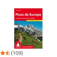 Guía de randonnée Picos de Europa con 52 rutas y tracks GPS. Paisaje montañoso con sendero y casa rural.