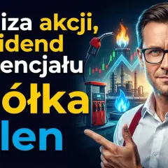 Analiza akcji, dywidend i potencjału spółki Orlen. Mężczyzna w okularach wskazuje na wykresy giełdowe i rafinerię.