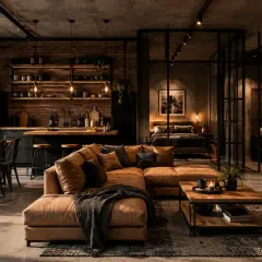 Wnętrze w stylu loft: otwarta przestrzeń z kuchnią, jadalnią i salonem. Brązowa kanapa, drewniany stół, ceglana ściana i industrialne oświetlenie tworzą przytulny klimat.