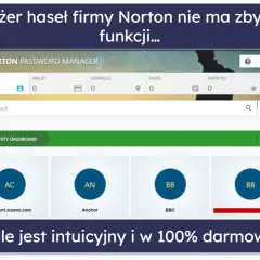 Interfejs menedżera haseł Norton z listą loginów i ikonami.