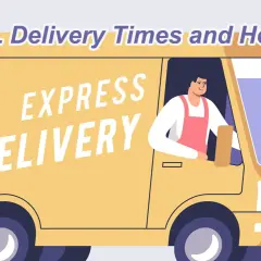 Gelber Lieferwagen mit "EXPRESS DELIVERY" und einem Fahrer. Informationen zu DHL Lieferzeiten und Öffnungszeiten.