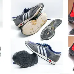Naprawa podeszwy buta: zniszczone podeszwy adidasów i butów Nike, a także eleganckie szpilki Louboutin.