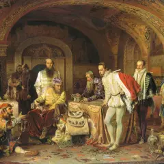 Iwan Groźny i syn w bogato zdobionej komnacie, otoczeni dworzanami i skarbami.