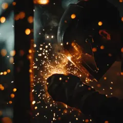 Soldadura con gas: chispas naranjas iluminan la oscuridad mientras un soldador con casco trabaja.