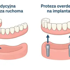 Porównanie tradycyjnej protezy ruchomej z protezą overdenture na implantach. Proteza overdenture zapewnia stabilność dzięki mocowaniu na implantach.