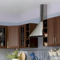 Inspiracja do tego, jak pomalować kuchnię z brązowymi meblami: pastelowe ściany i nowoczesny okap nadają ciepły, przytulny klimat.