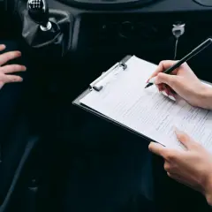 Kobieta wypełnia formularz ubezpieczeniowy w samochodzie, ustalając składkę ubezpieczeniową.