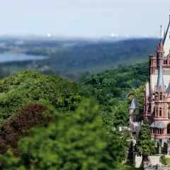 Schloss Drachenburg thront majestätisch inmitten üppiger Wälder, mit Türmchen und Zinnen, die in den Himmel ragen.