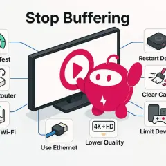 Tips to stop buffering: speed test, restart router, improve Wi-Fi, use Ethernet, lower quality, limit devices, clear cache, restart device.