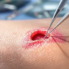 Pince chirurgicale manipulant une plaie rouge et ouverte, évoquant les risques d'un point de suture oublié.