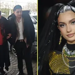 Viki Gabor z rodziną. Mężczyzna w białej koszuli i czarnej kurtce, obok niego kobieta w beżowym płaszczu.