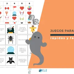 Juego de comprensión lectora de Halloween con imágenes de brujas, fantasmas y dados.