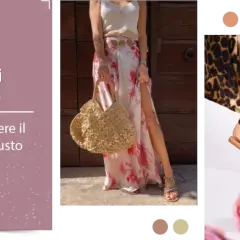 Sandali donna: come scegliere il modello giusto. Un look estivo con sandali multicolor bassi, borsa di paglia e abito floreale.