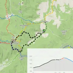 Mapa turystyczna z zaznaczonymi szlakami, w tym rycerzowa szlaki. Widoczne punkty i profile wysokości.