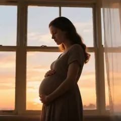 Kobieta w ciąży przy oknie, otoczona ciepłym światłem zachodzącego słońca. Czuć w niej spokój i radość, jakby doświadczała hormonu szczęścia.