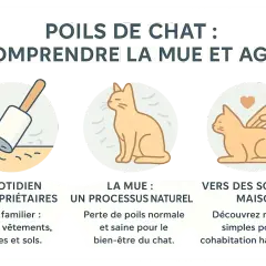 Rouleau pour enlever les poils de chat sur les vêtements, un chat en pleine mue, et une main caressant un chat. Astuces pour une cohabitation harmonieuse.