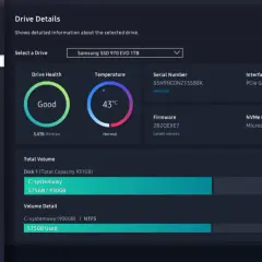 Szczegóły dysku Samsung SSD 970 EVO 1TB. Stan "Dobry", temperatura 43°C. To ważne informacje do **backupu danych**.