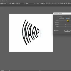 Buchstaben ineinander verschlungen in Illustrator, der Text "WARP" wird vertikal verkrümmt.