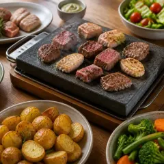 Une pierrade recette avec des morceaux de viande et de poisson grillés sur une pierre chaude, accompagnés de pommes de terre, de légumes et de sauces.