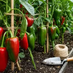 Des poivrons rouges et verts mûrissent sur une poivron plante dans un potager. Une petite pelle et une bobine de ficelle sont à proximité.
